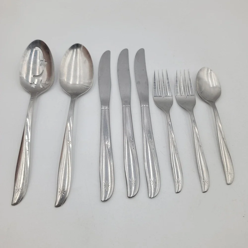 8pc Oneida Community Twin Star Stainless Flatware Set MCM Starburst Atomic